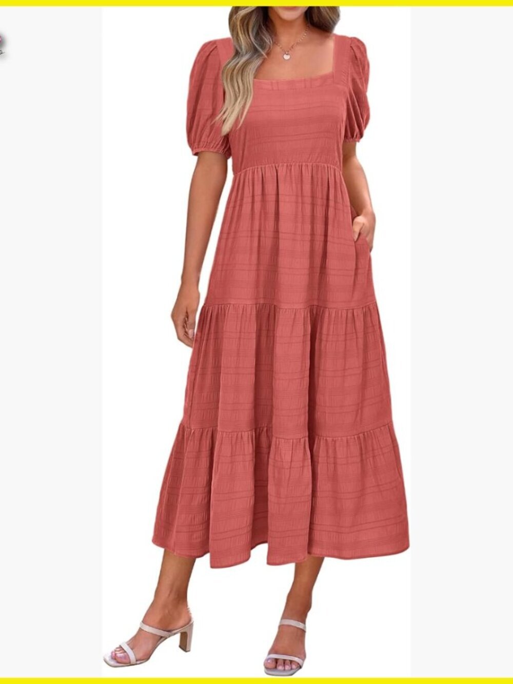 Puff Sleeve Square Neck Smocked A-Line Midi Dress Flowy Boho Chic